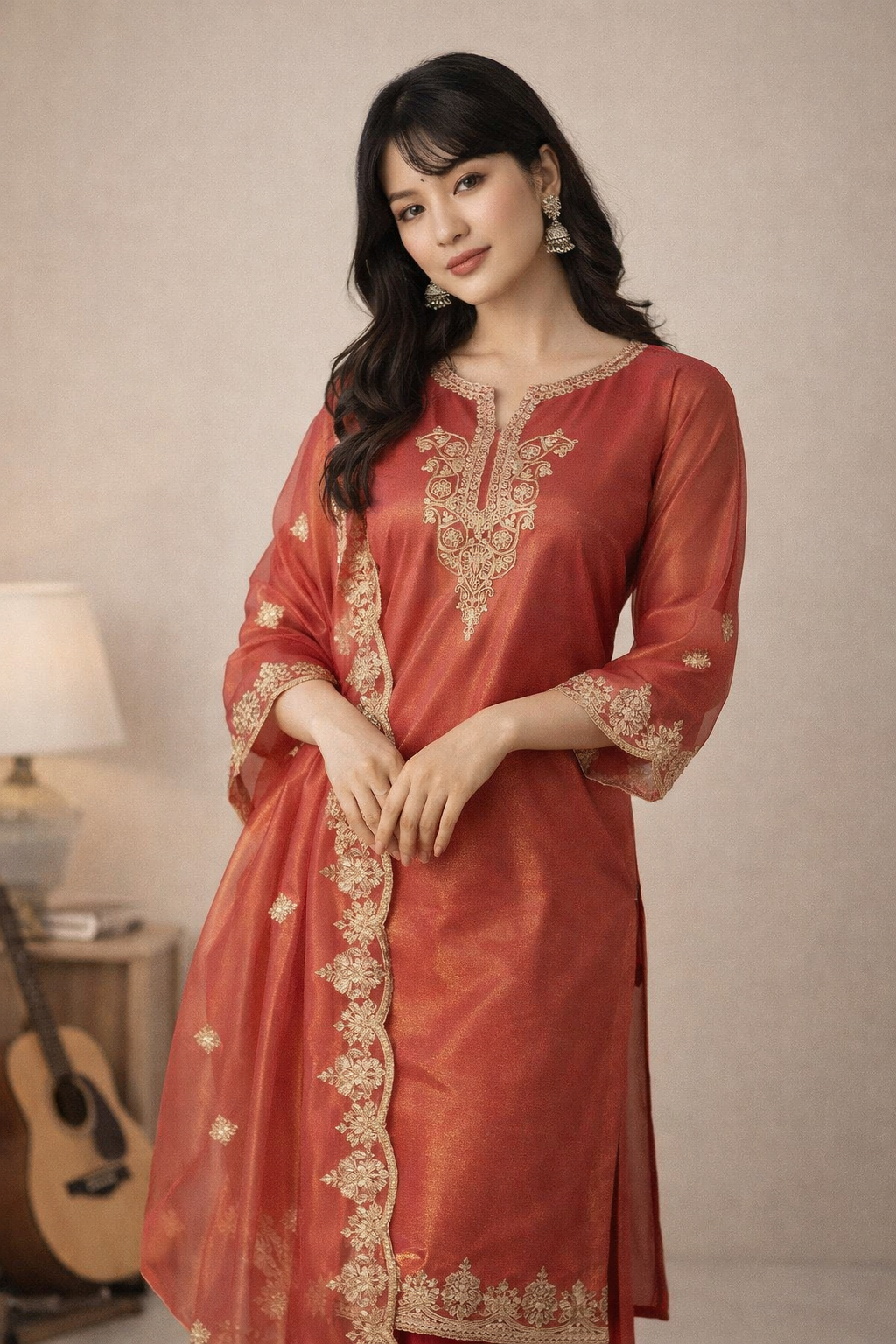 everyday wear ladies kurta in orange full length view