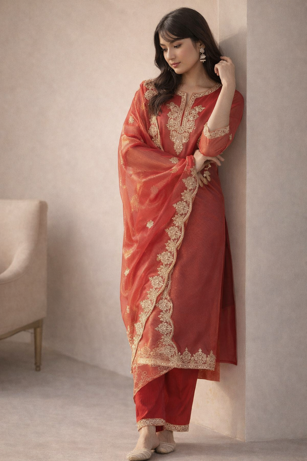 orange ladies kurta styled for relaxed daytime outing