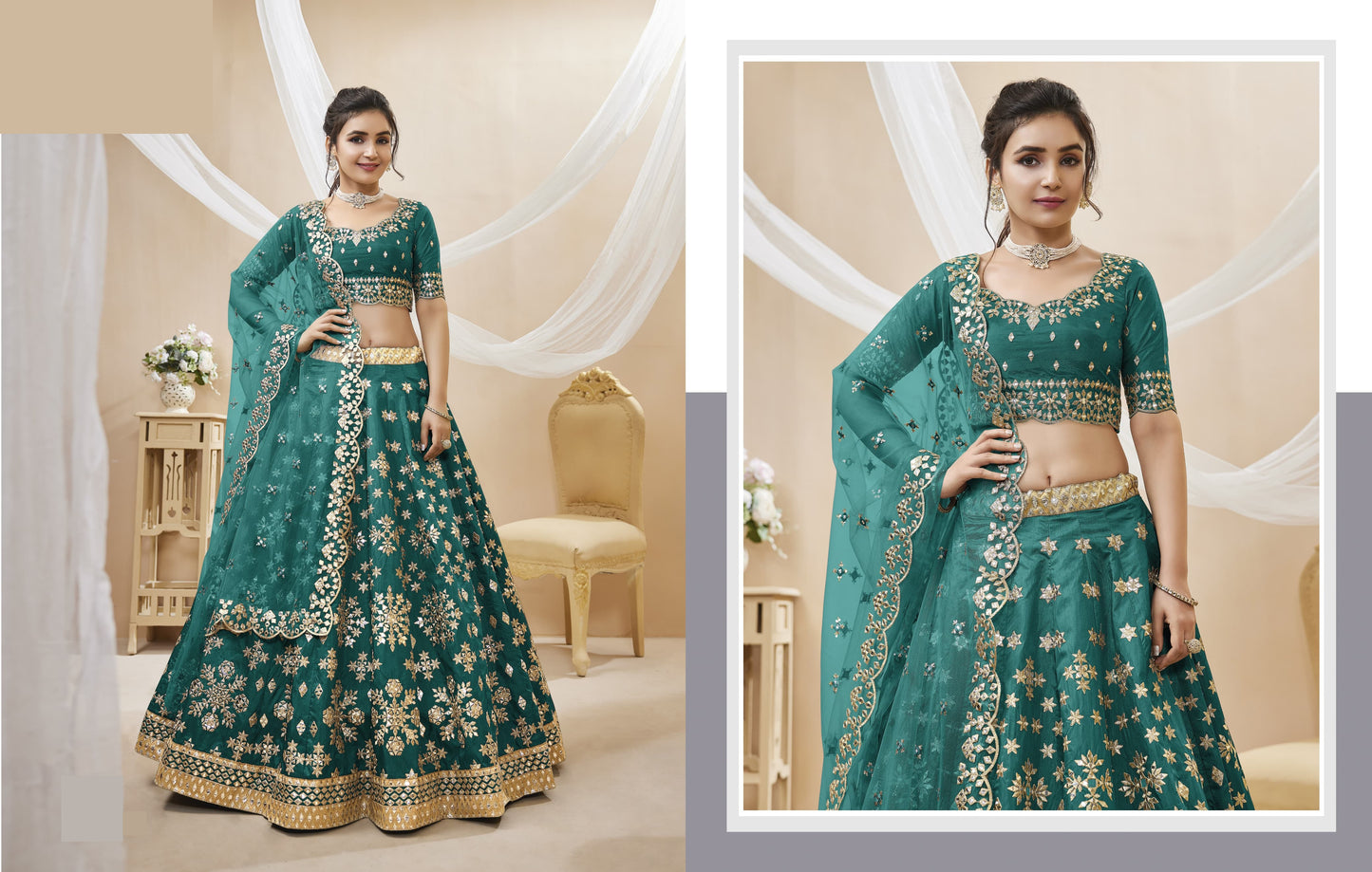 Full-length view showing flare of teal lehenga