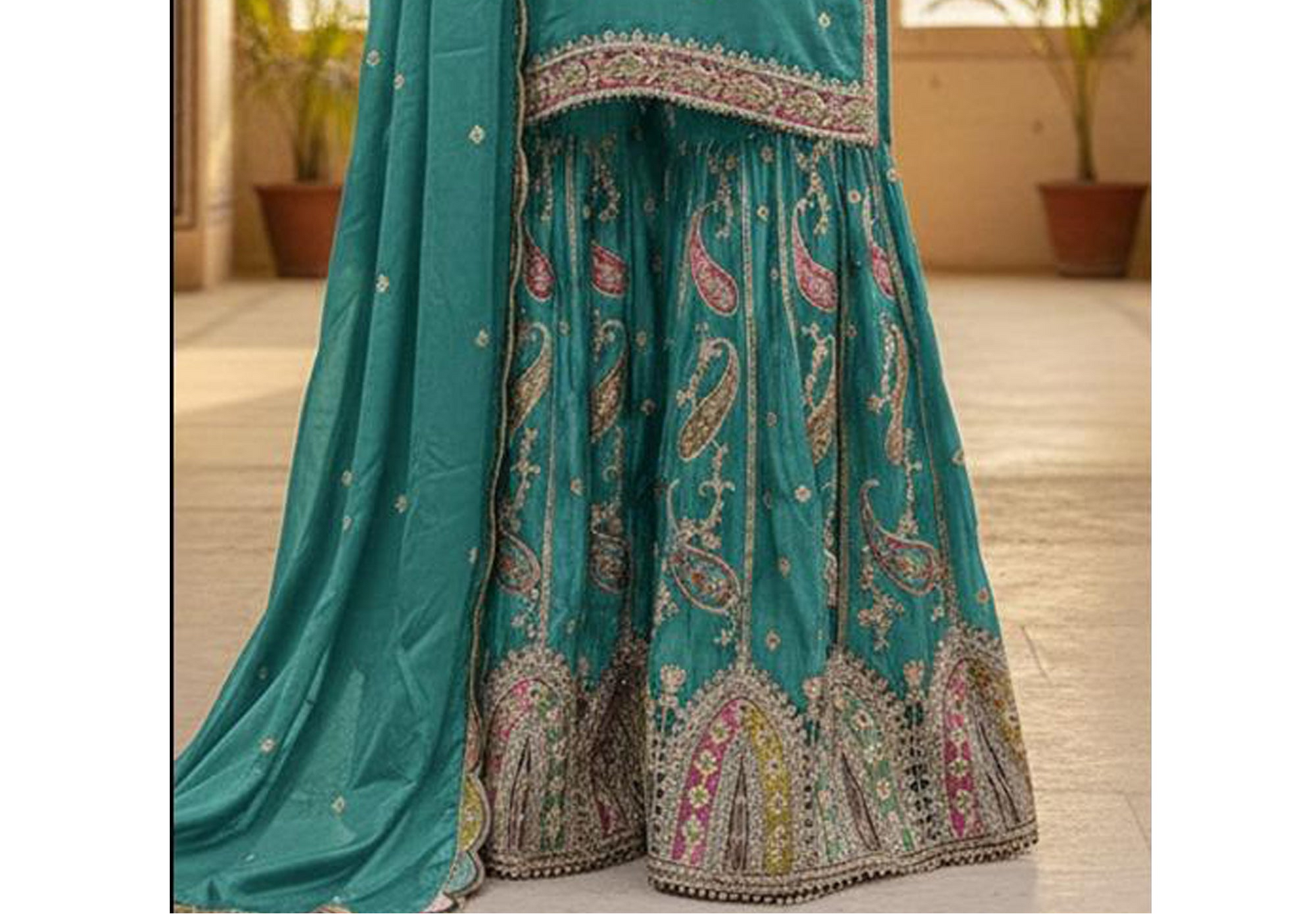 Teal blue Sharara with detailed fancy Embroidery work finish