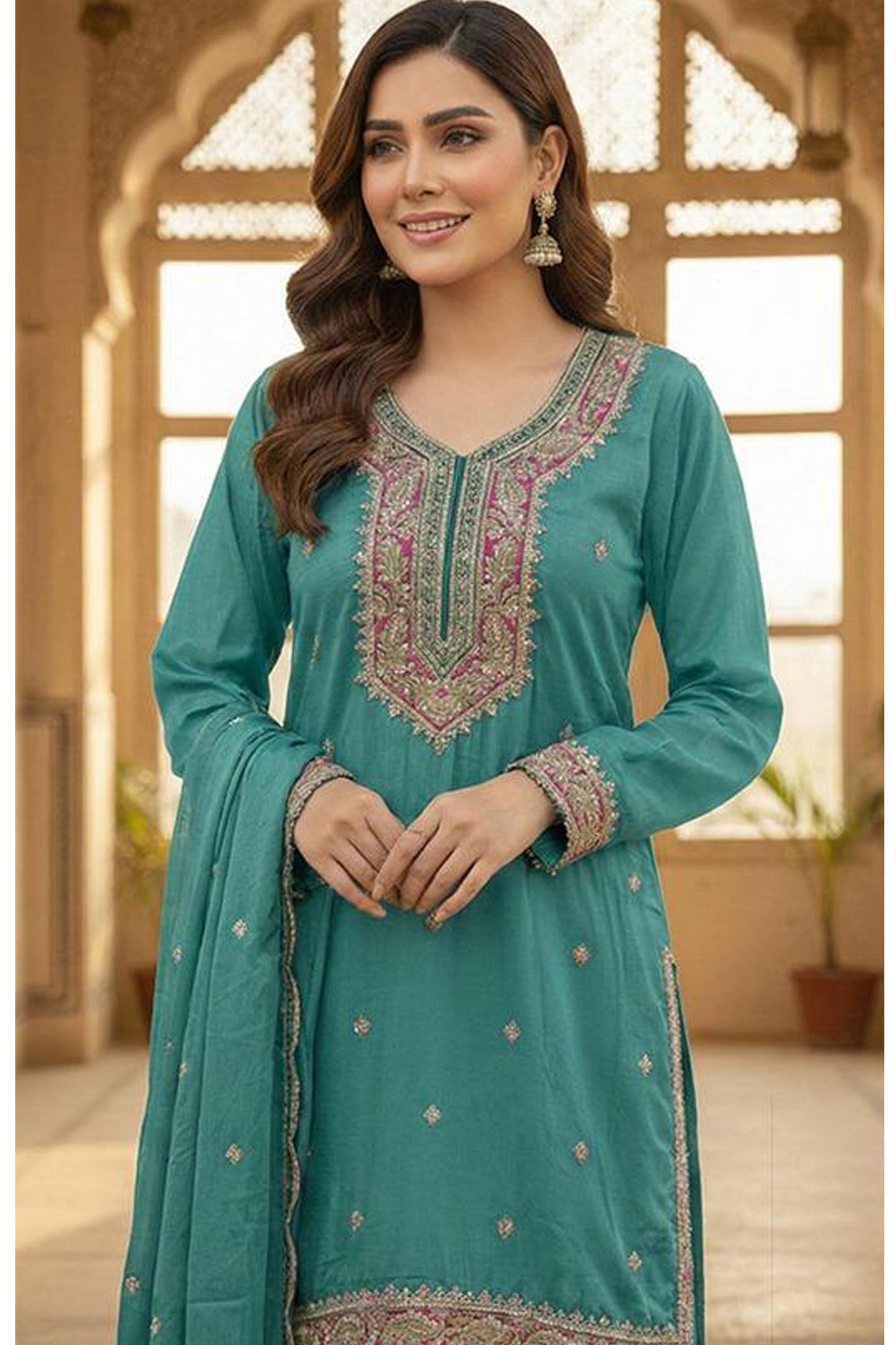 Teal blue Fancy Sharara in heavy chinon fabric
