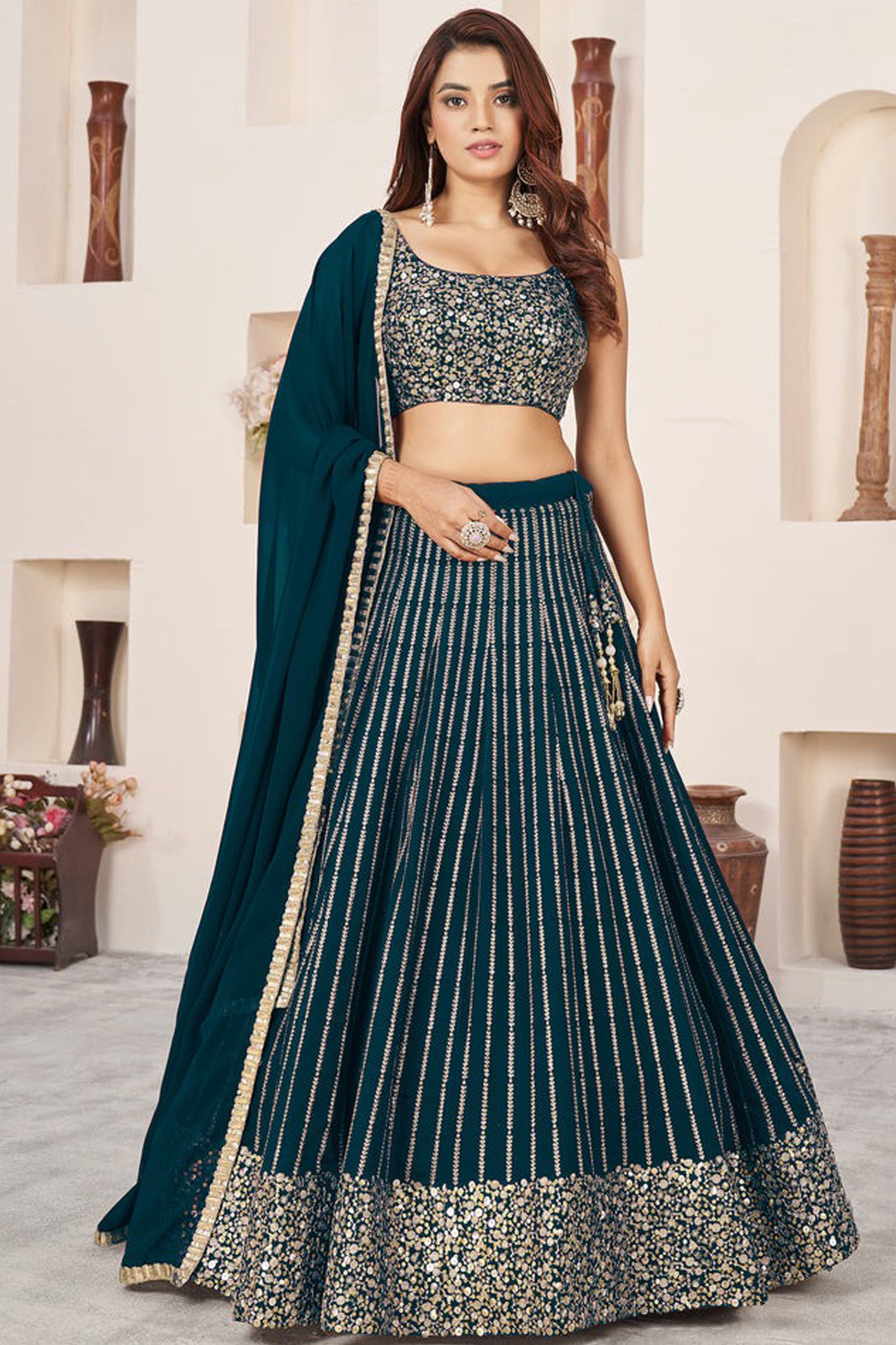Teal blue legana choli full front view with dupatta