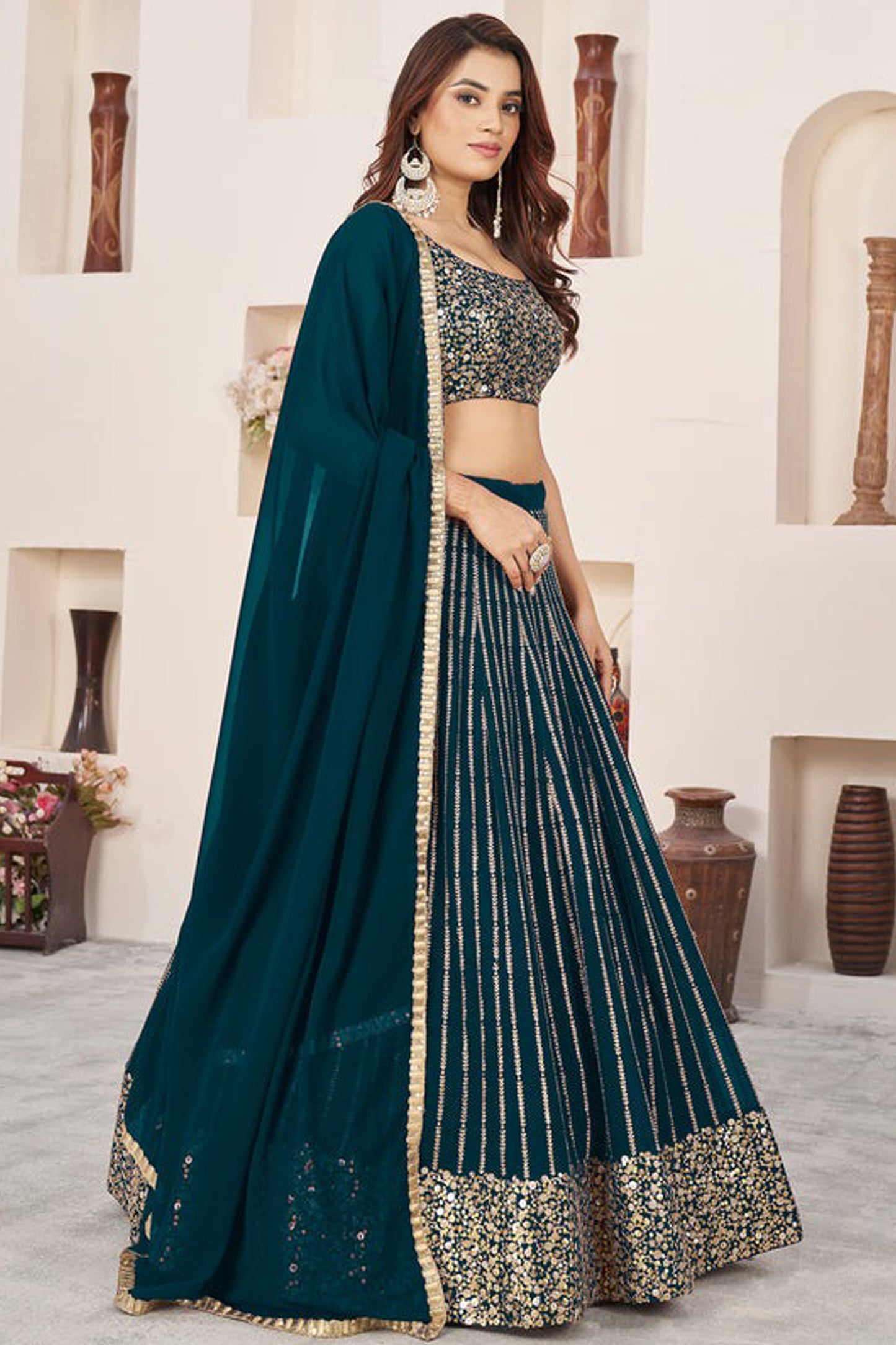 Evening party look in teal blue ghagra choli
