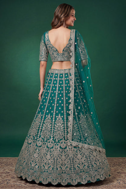 Teal blue lehenga choli with Zari and Dori embroidery