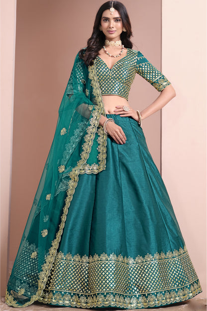 Teal blue lehenga choli full front view with dupatta