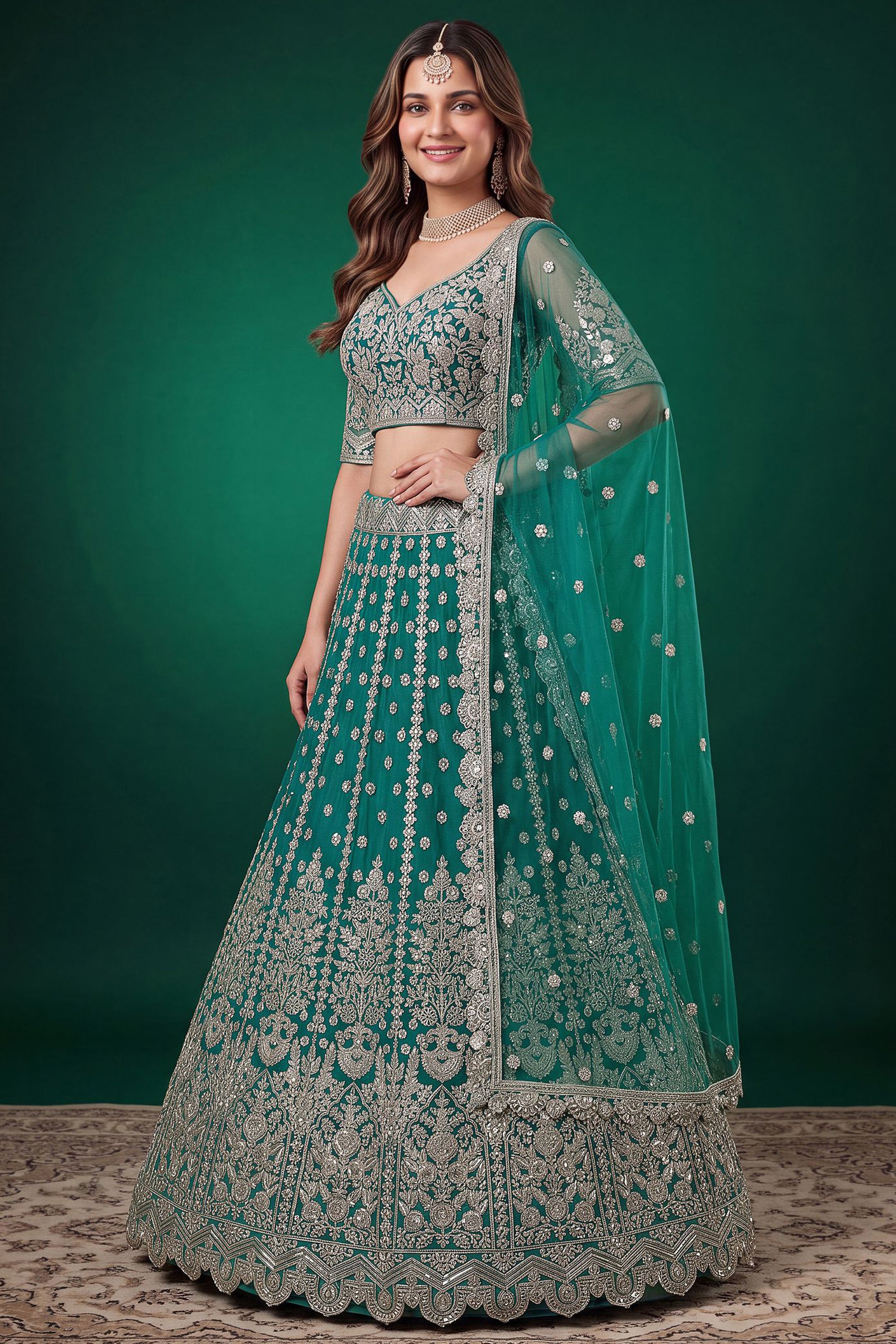 Teal blue women's lehenga set with detailed traditional embroidery