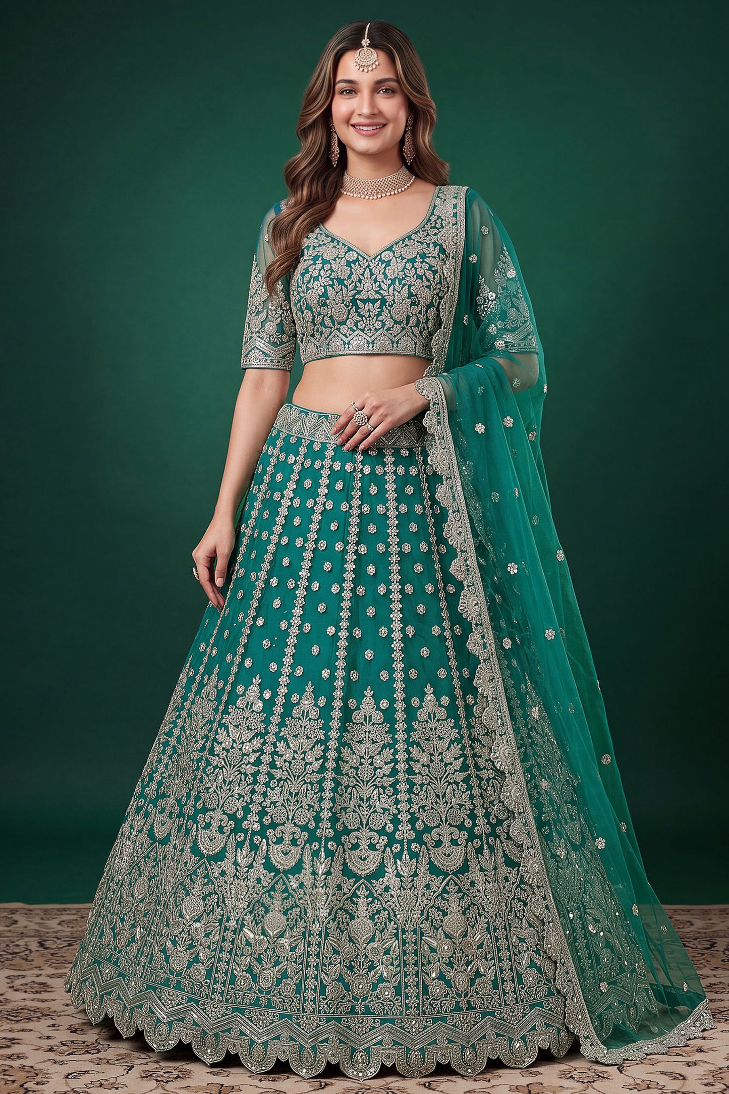 Teal blue lehengas for women with embroidered choli and dupatta