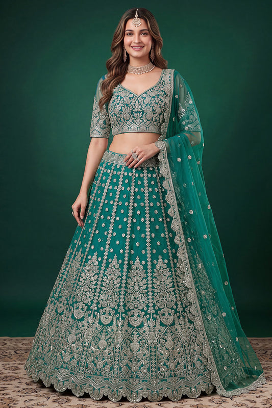 Teal blue lehengas for women with embroidered choli and dupatta