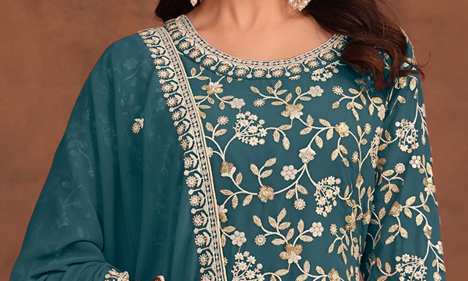 Close-up of festive embroidery on kameez top