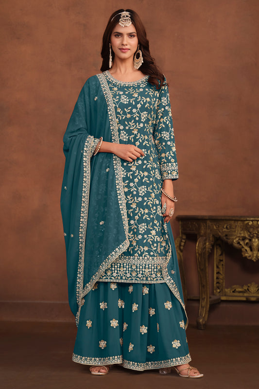 Front view of teal blue palazzo dupatt dress with embroidery