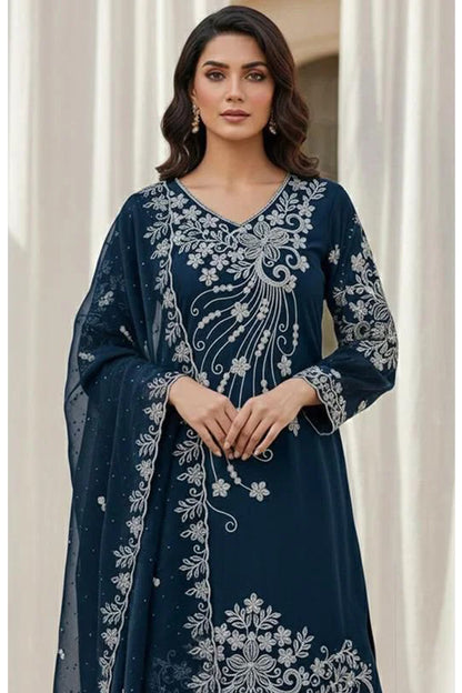 Front view of teal blue palazzo outfit in Hevay Georgette