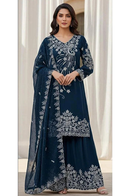 Teal Blue Palazzo Suit with embroidery and zarkan detailing