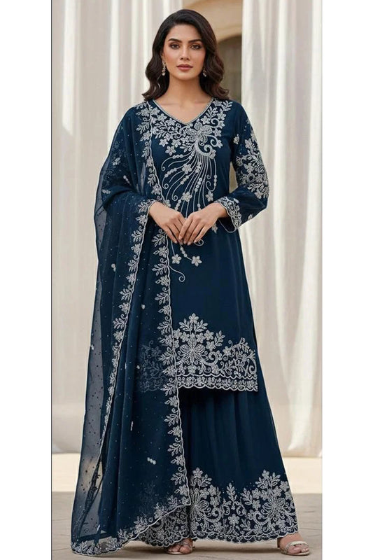 Teal Blue Palazzo Suit with embroidery and zarkan detailing