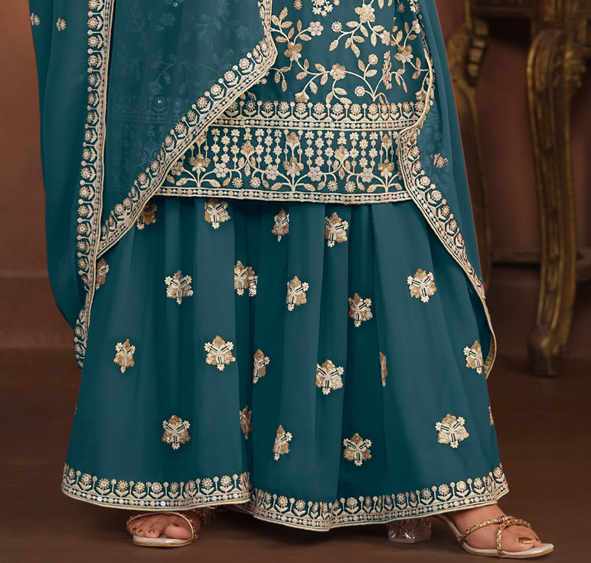 Embroidery detail on palazzo dupatt dress close-up