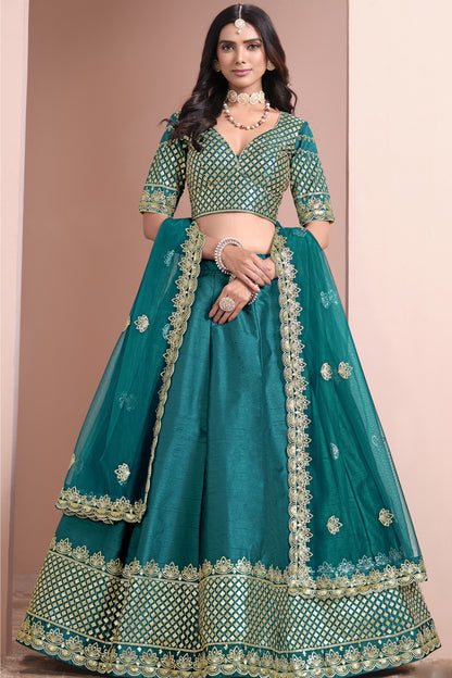 Silk lehenga choli in teal blue with sequin detailing
