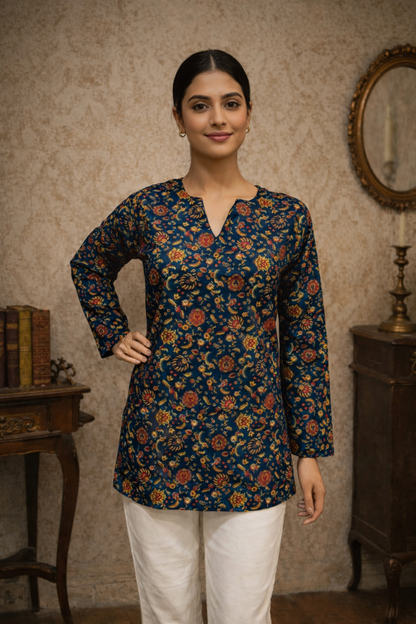 teal blue women tops front view with digital print detail