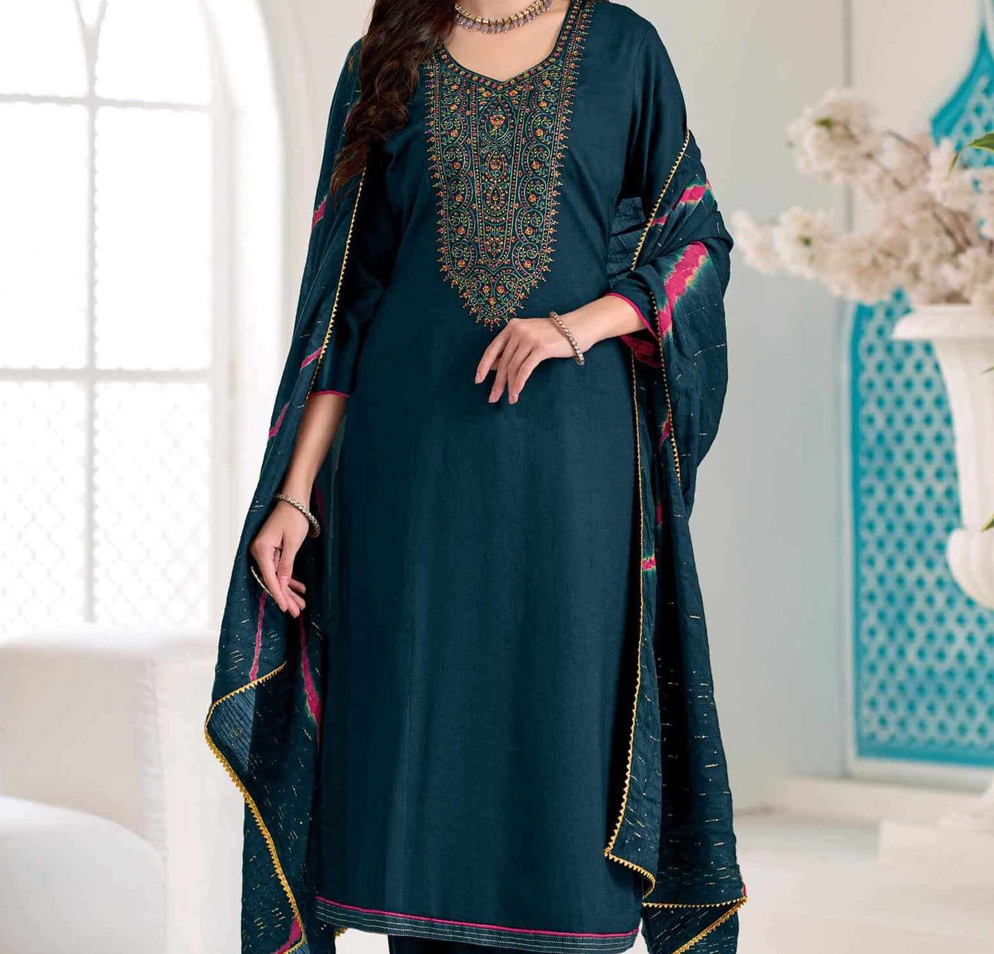 teal salwar kameez women outfit side drape view