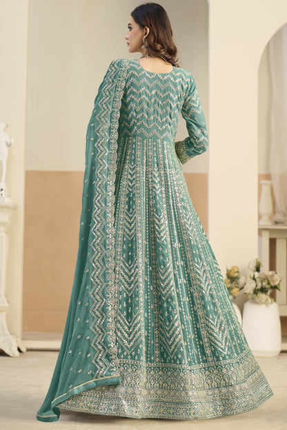 Teal green Anarkali gown back view