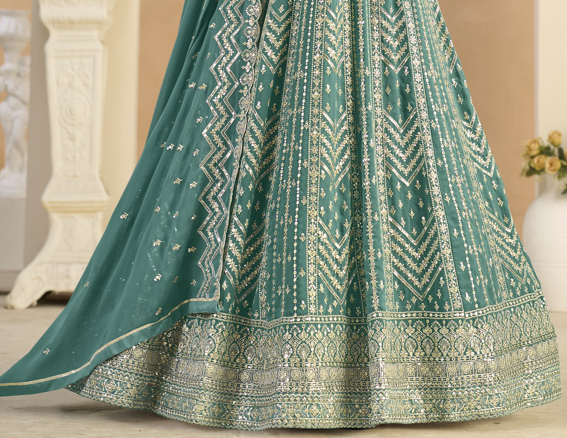 Teal green Anarkali gown for wedding wear