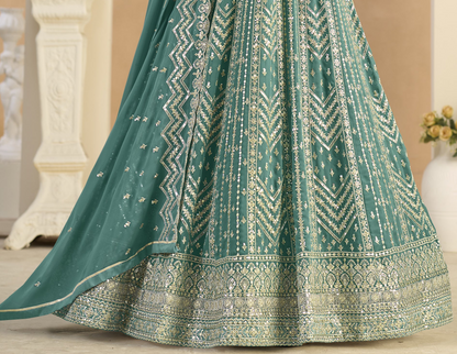Teal green Anarkali gown for wedding wear