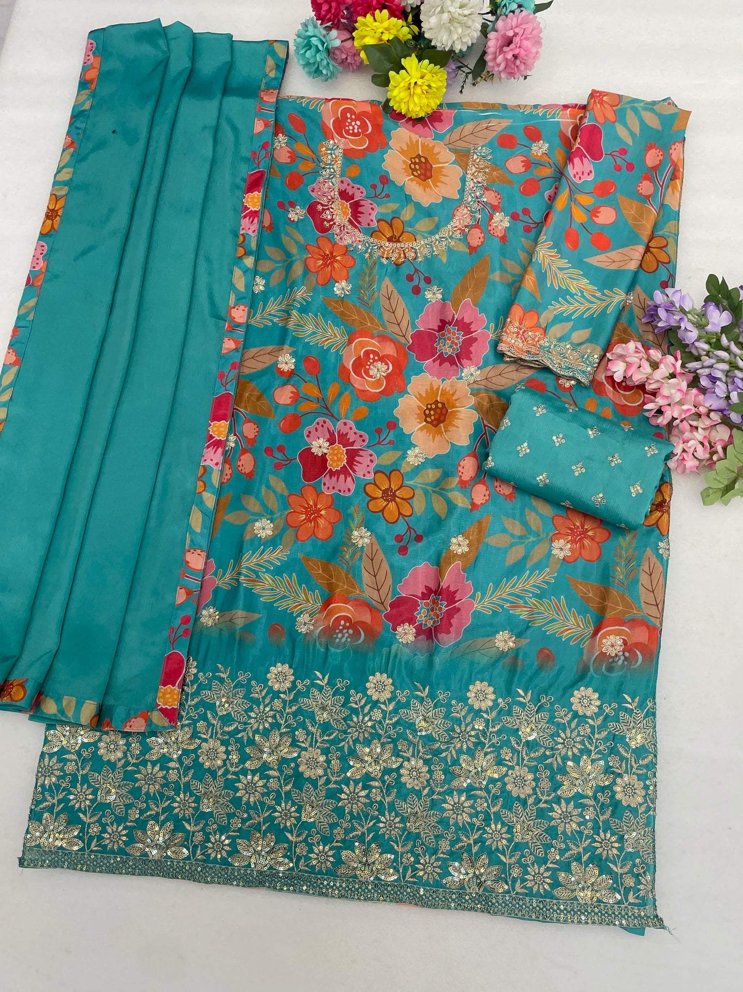 Teal green dupatta with digital printed border lace