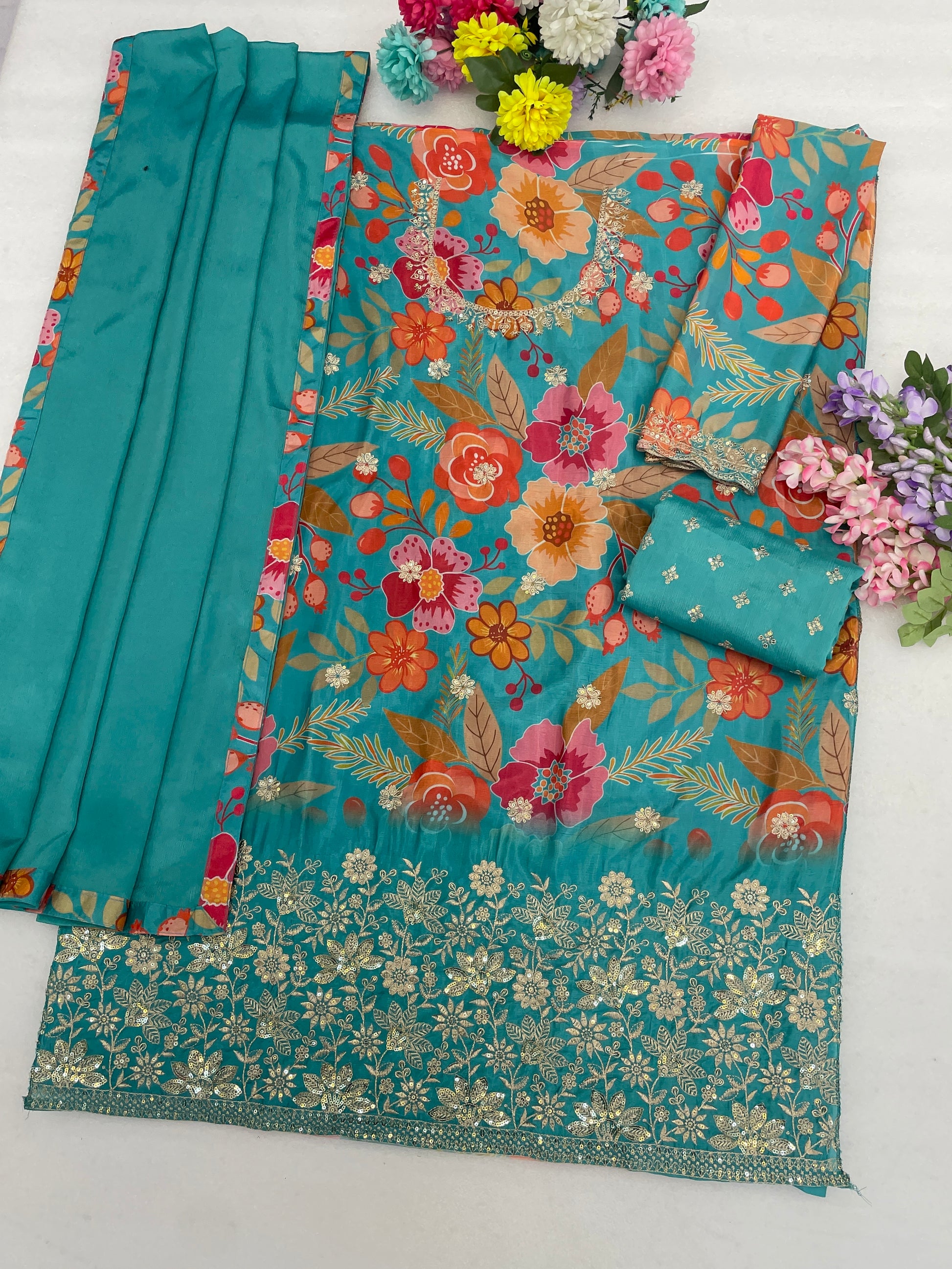 Teal green dupatta with digital printed border lace