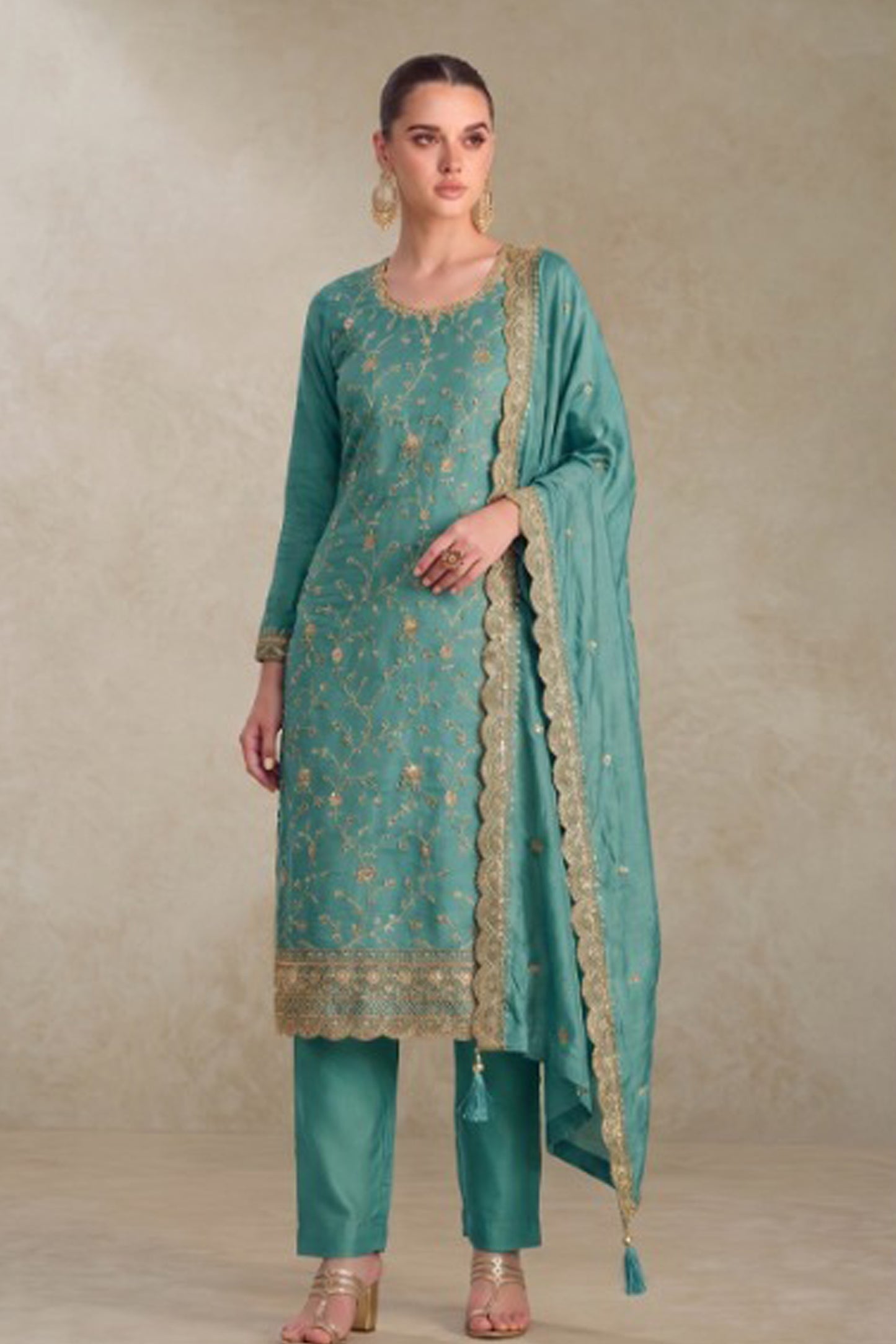 Teal Green Kameez with heavy thread sequin embroidery work