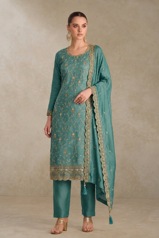 Teal Green Kameez with heavy thread sequin embroidery work