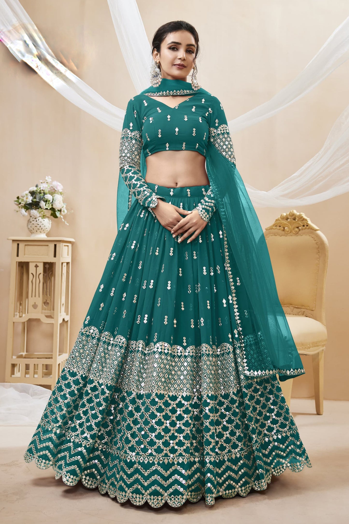 teal green lahenda full front view with dupatta