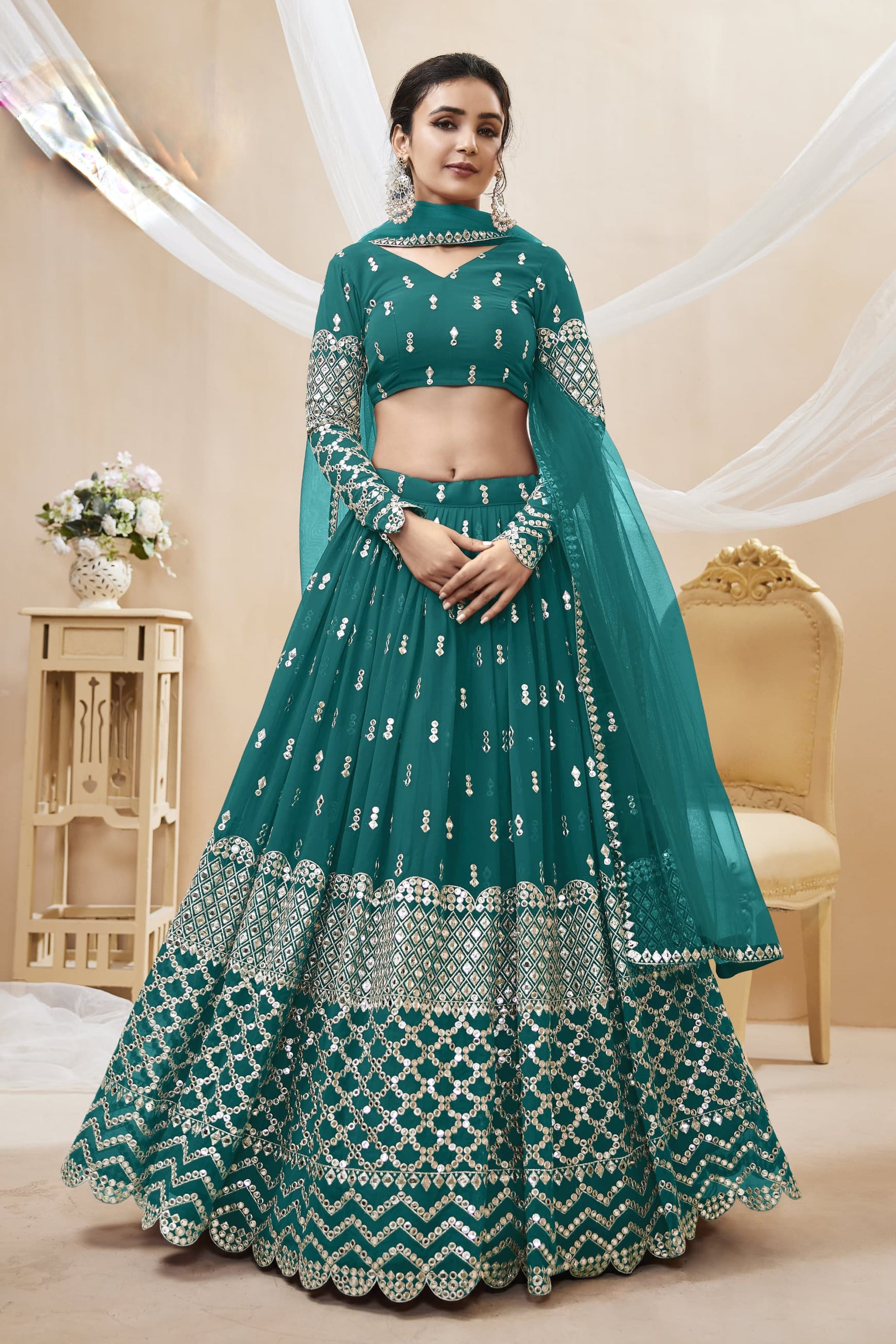 teal green lahenda full front view with dupatta