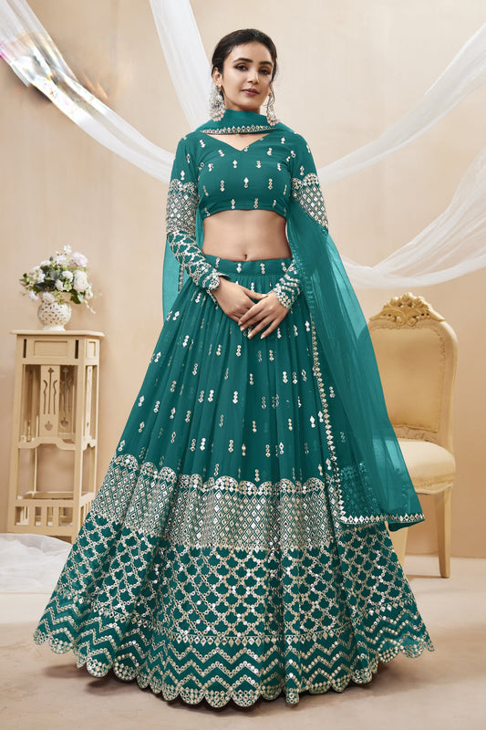 teal green lahenda full front view with dupatta