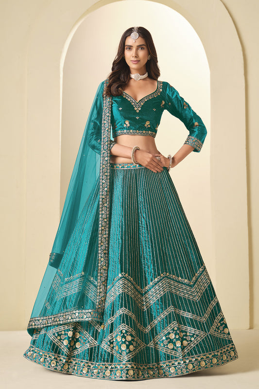 Teal Green Lehenga Choli with flowing viscose fabric