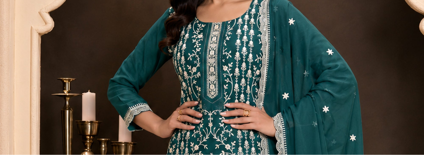 Detailed sleeve embroidery on Teal Green Salwar Kameez