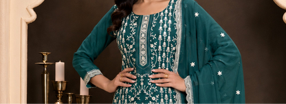 Detailed sleeve embroidery on Teal Green Salwar Kameez