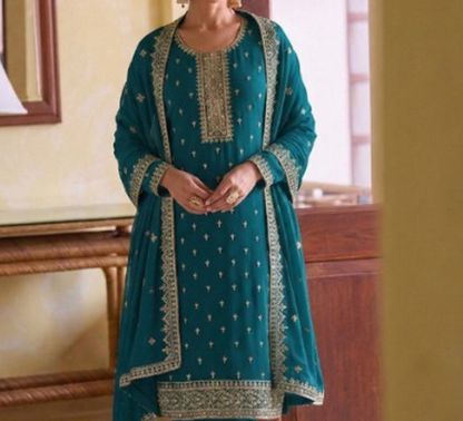 Teal Green Salwar Kameez with traditional embroidery work