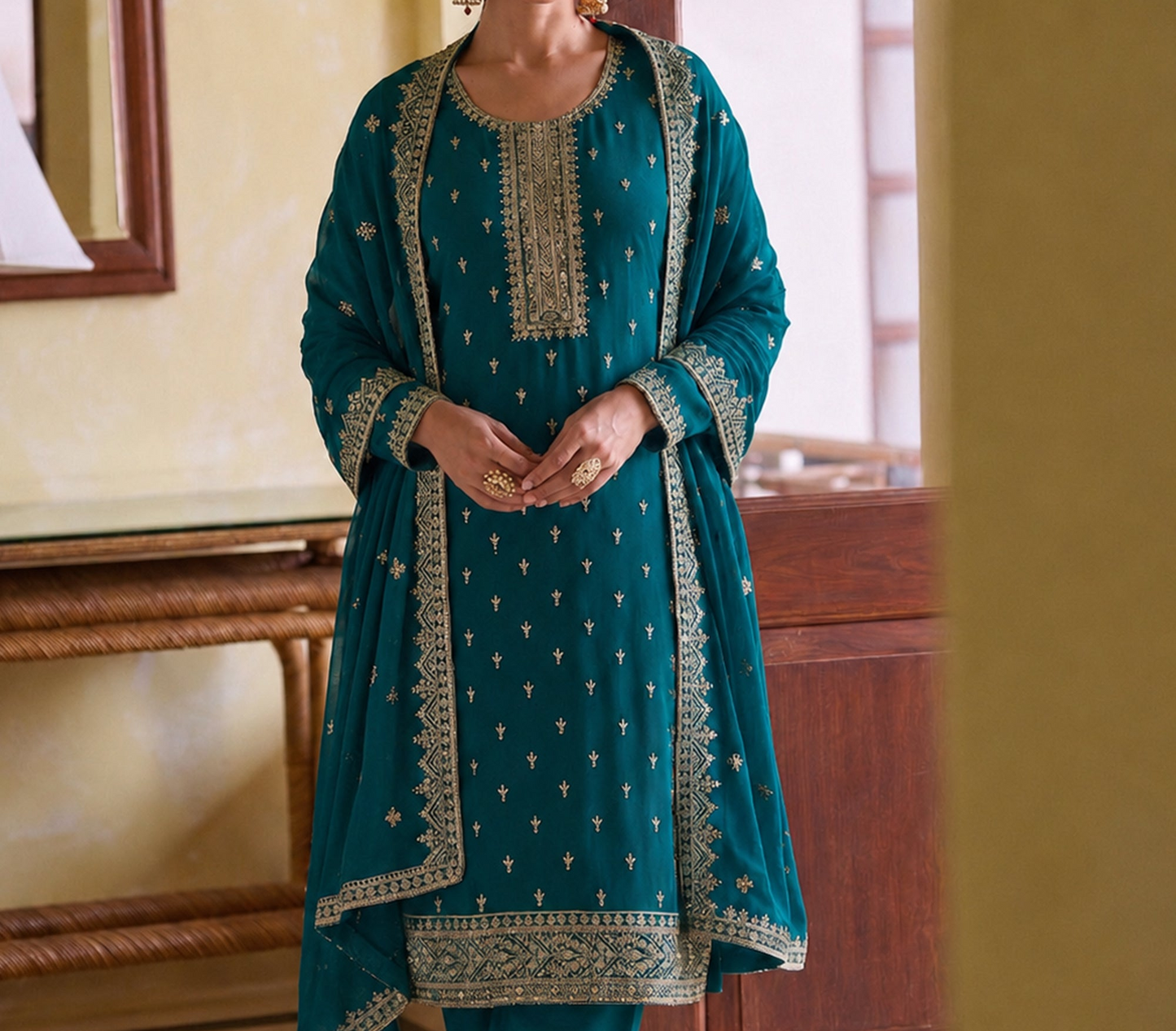 Teal Green Salwar Kameez with traditional embroidery work