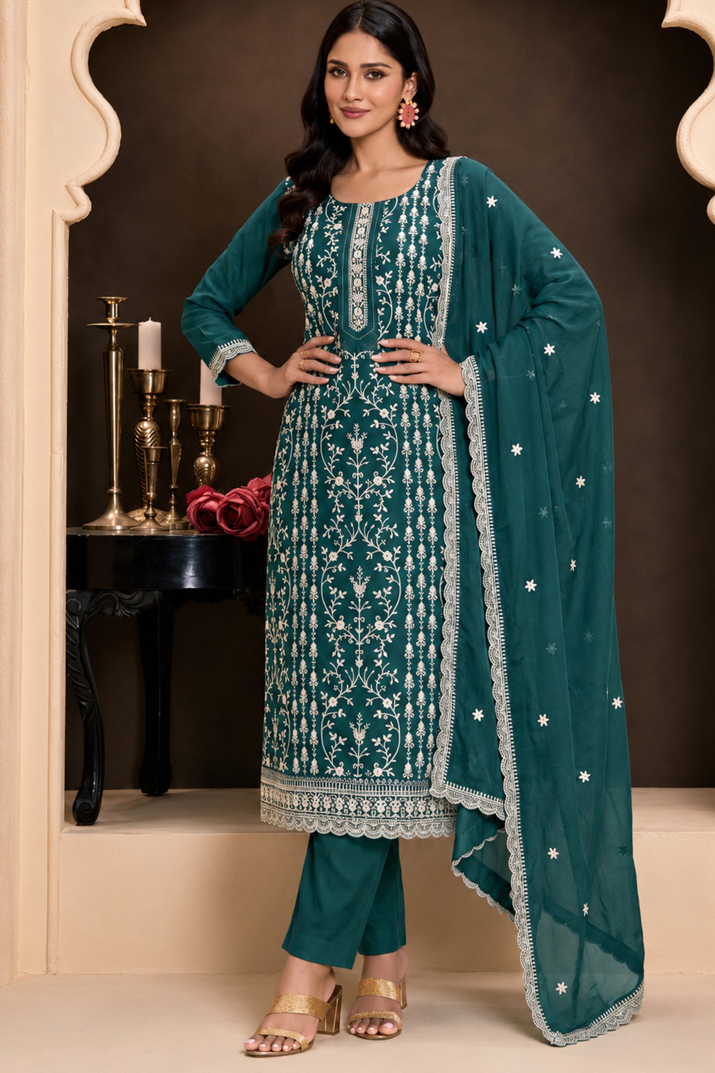 Teal Green Salwar Kameez with Thread Sequin Embroidery Work front view
