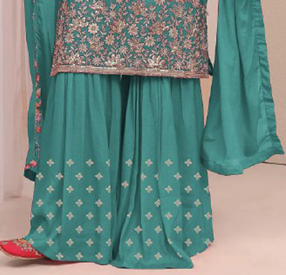 Front view of teal green sharara-style bottom