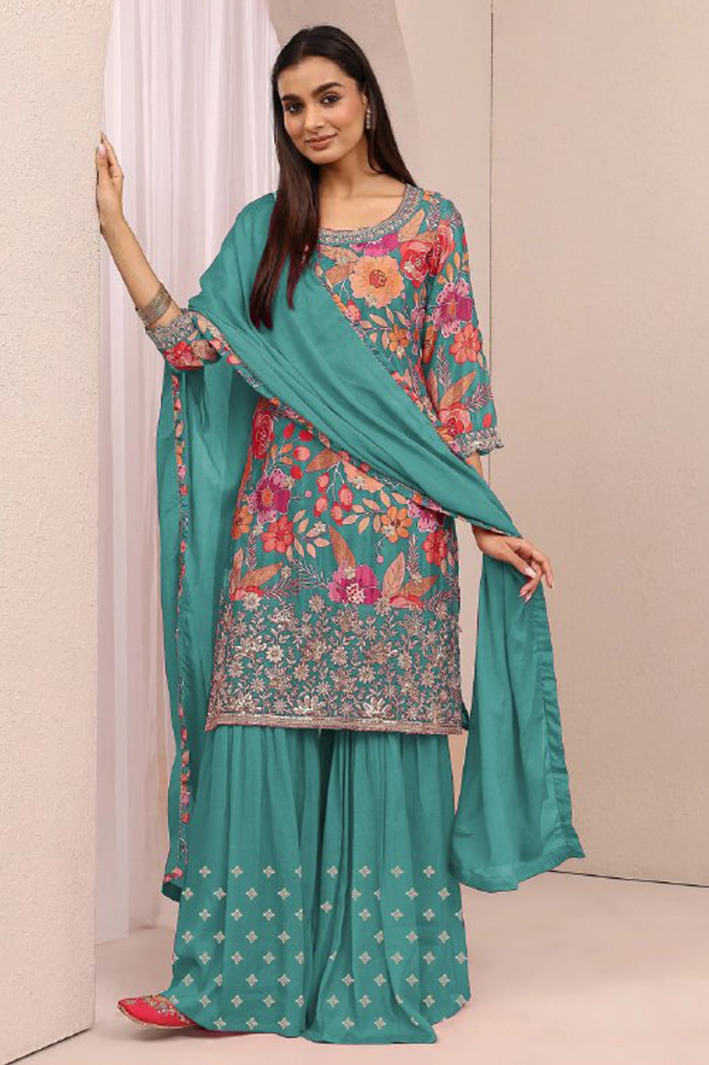 Teal green sharara set for women front view