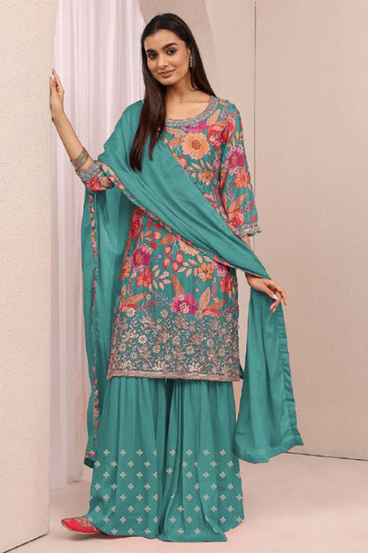 Teal green sharara set for women front view
