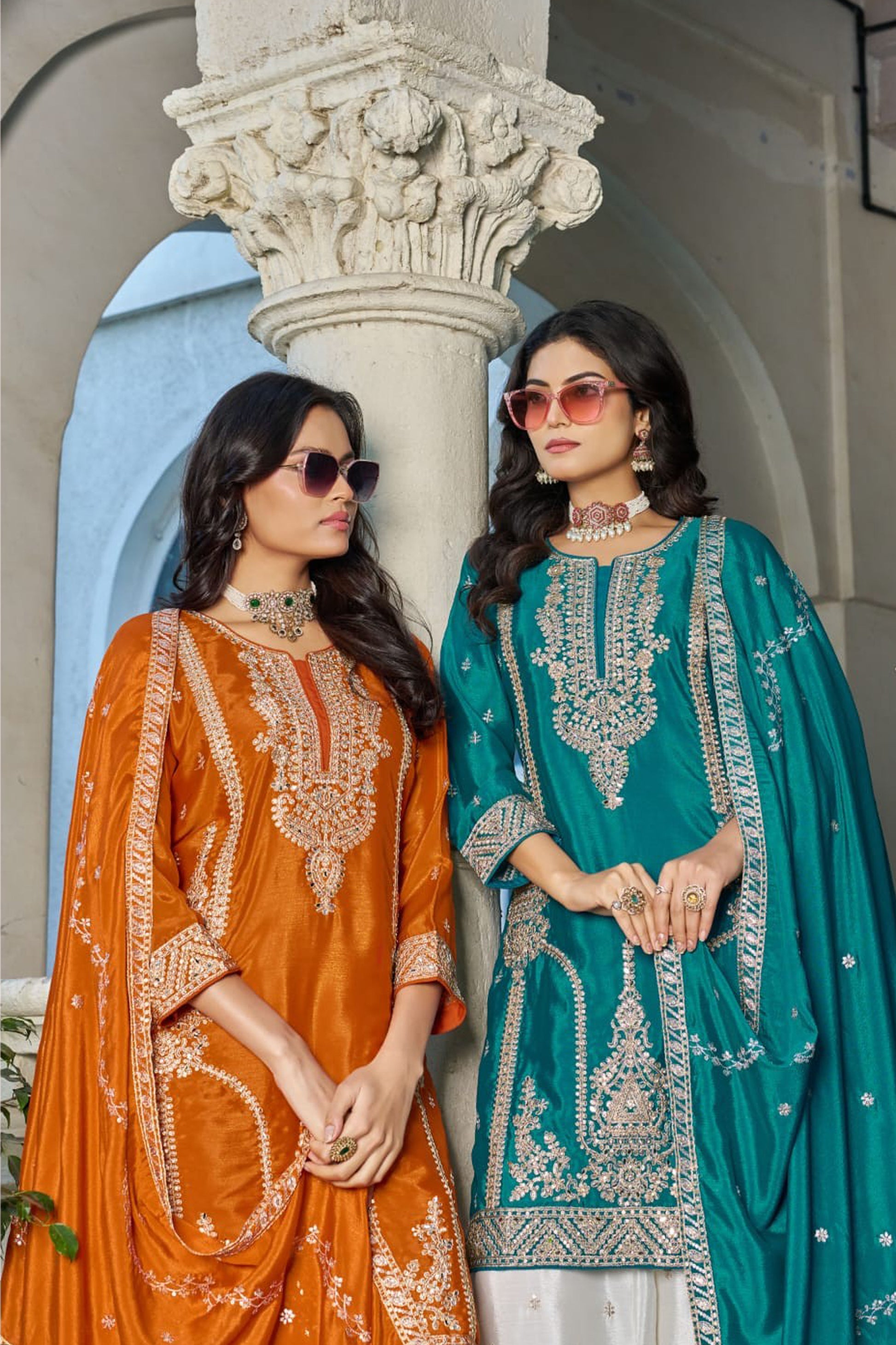 Teal occasion wear set with matching dupatta styling