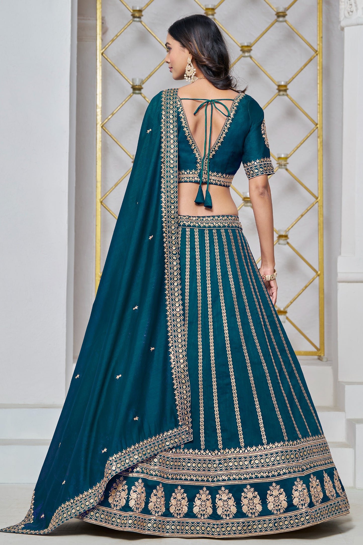 teal lahenda choli back design perspective