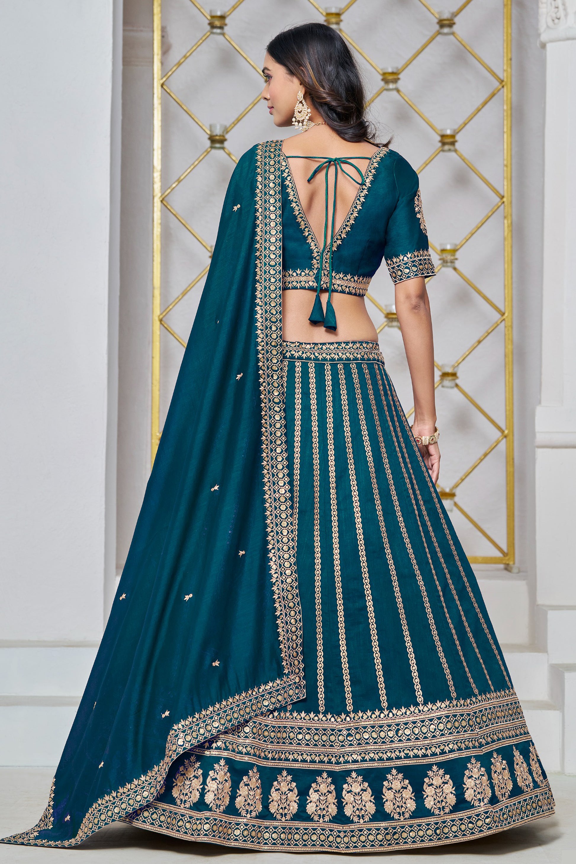 teal lahenda choli back design perspective