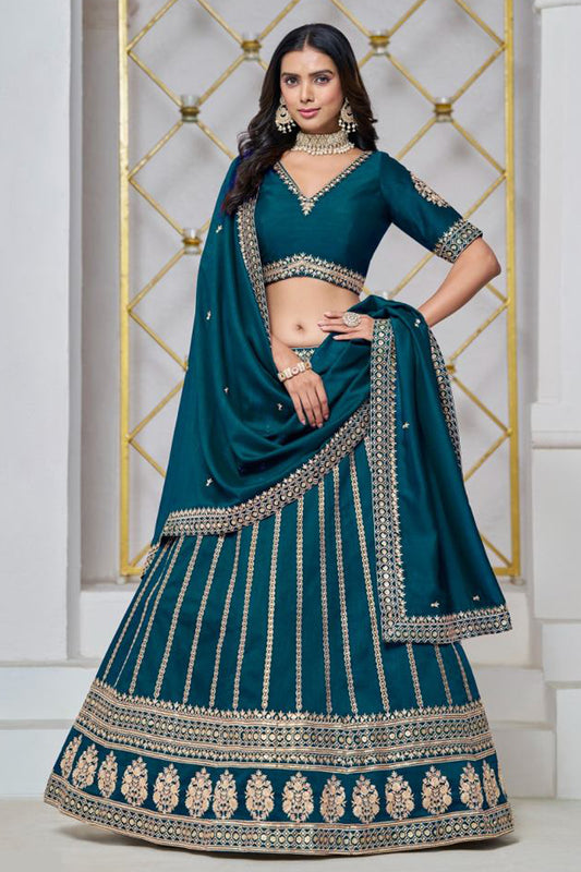 teal lahenda choli front view with embroidery work