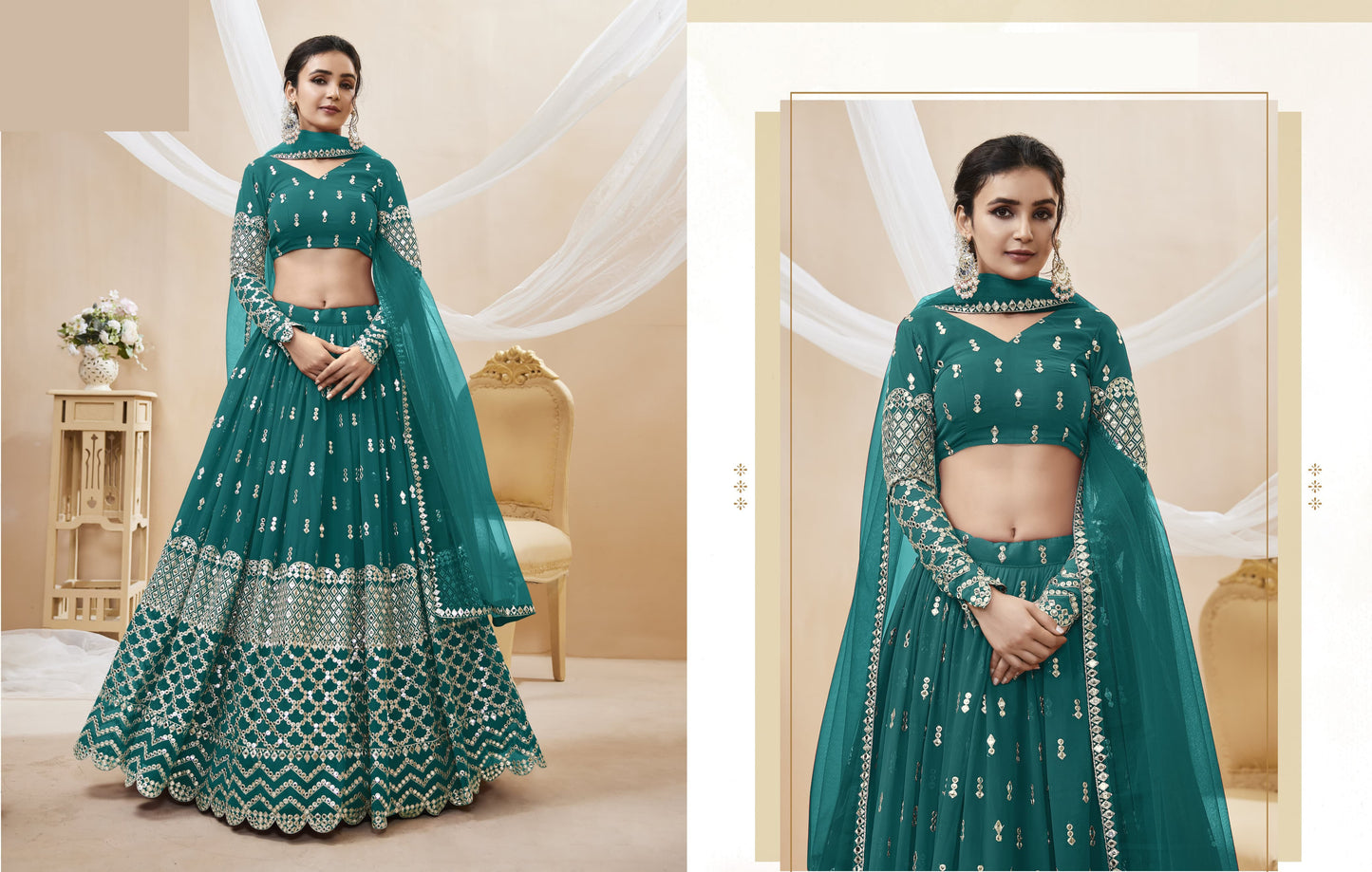 wedding guest outfit teal embroidered lehenga look
