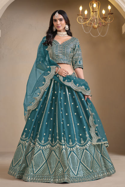 teal lehenga full front view with silk texture
