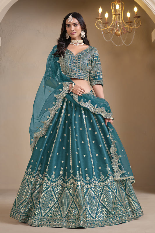 teal lehenga full front view with silk texture