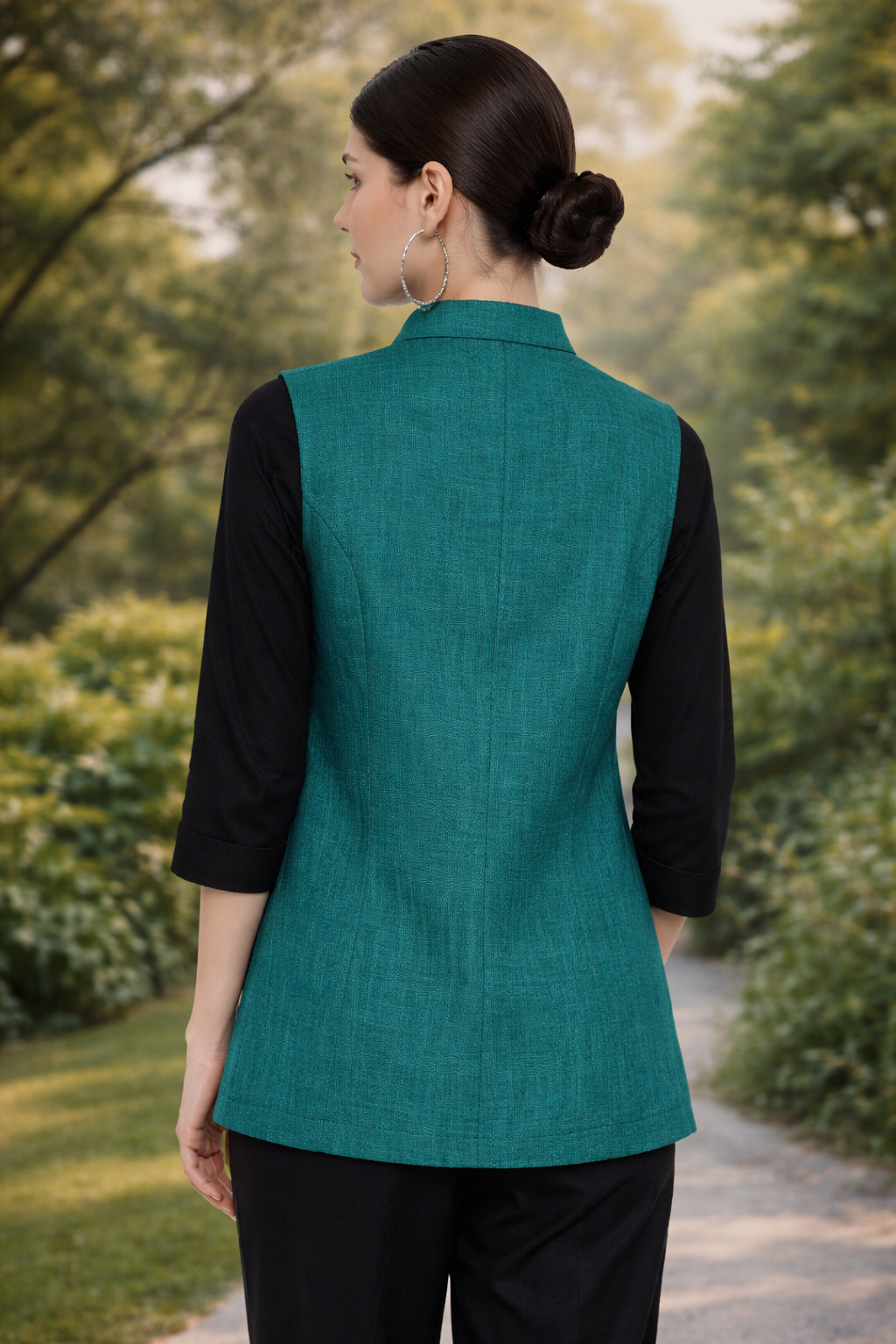 teal nehru jacket back view minimal design detail