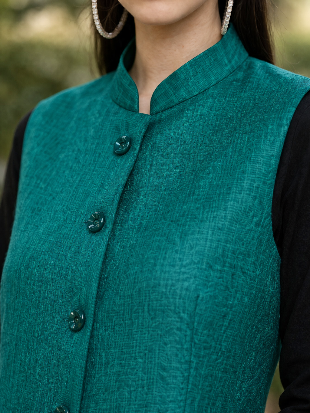 teal nehru jacket close-up of jute cotton fabric texture