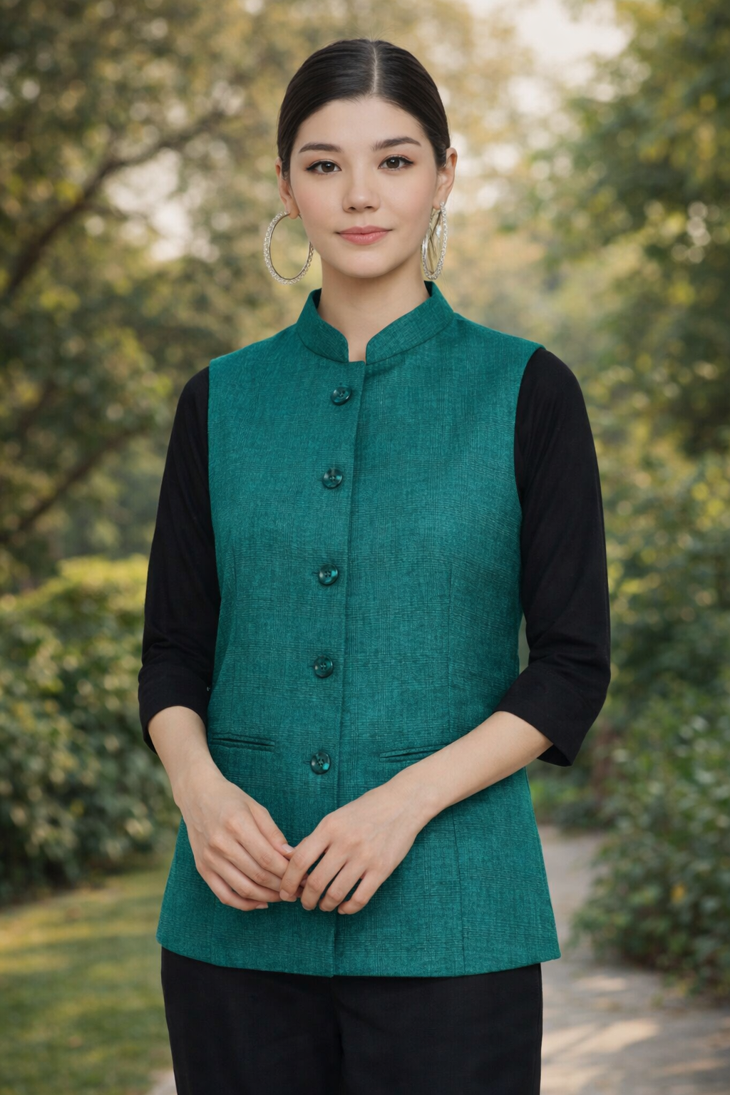 teal nehru jacket front view in jute cotton texture